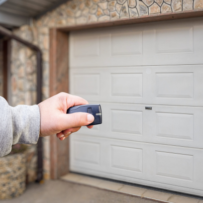 Long Island security key fob pointing to a garage door