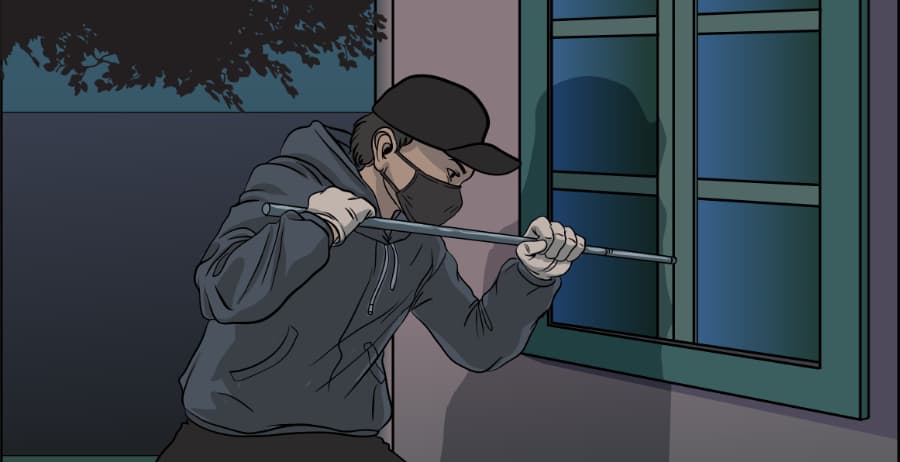 Illustration of burglar forcing entry through a window in Long Island